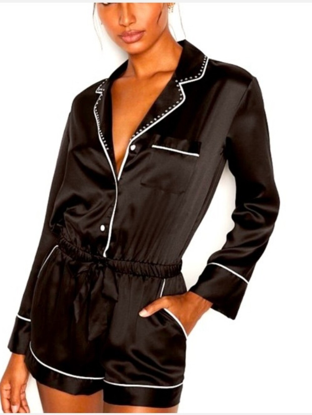 Victoria's Secret Black Satin Long-Sleeve RomperWhite Piping And Rhinestone M